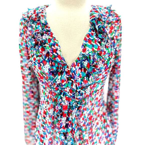 Saloni Women's Size 4 Silk Blend Iman Red + Blue Ruffled Wrap Blouse NWT - Picture 4 of 14
